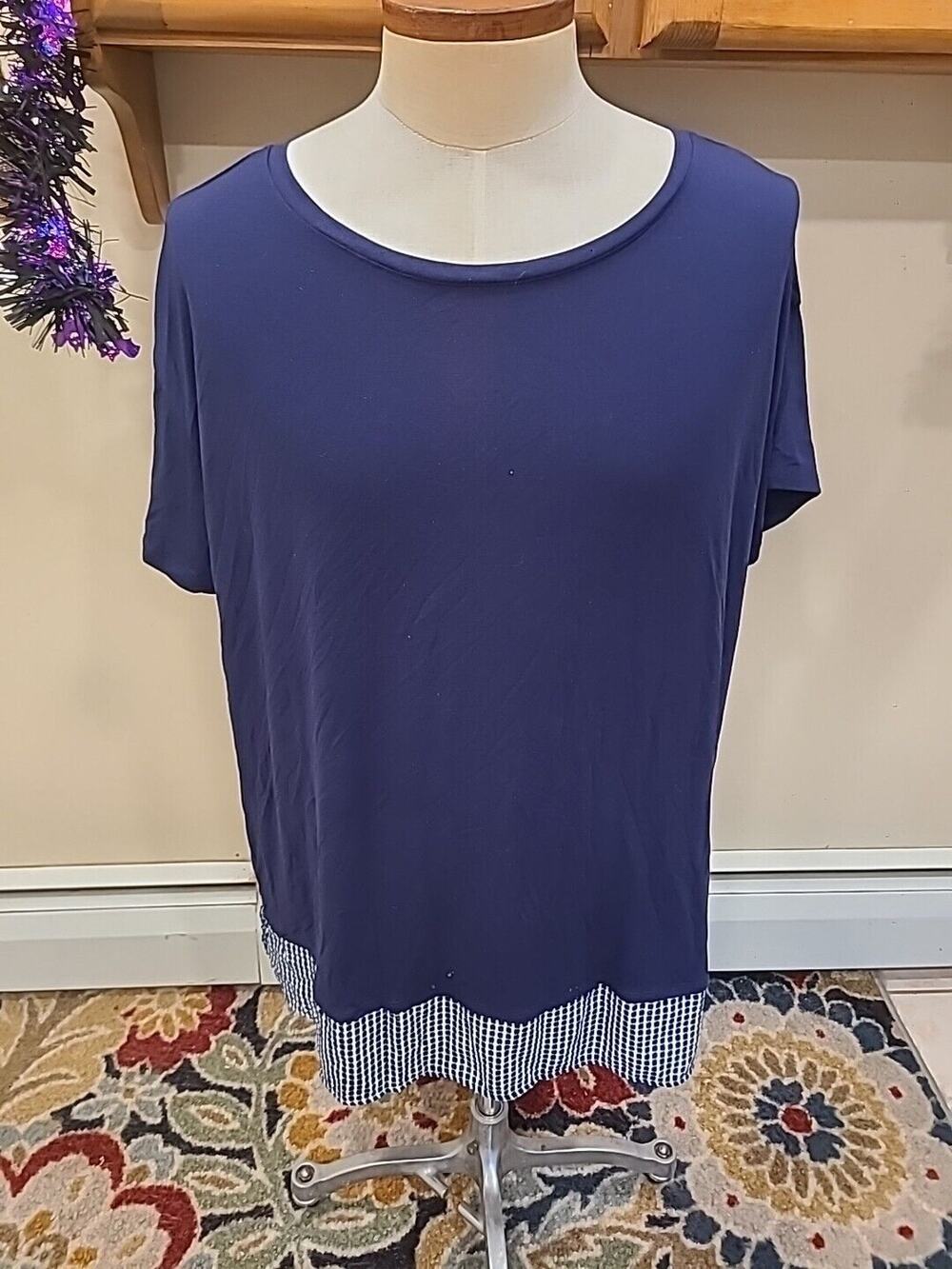 Sejour Womens Shirt 2X Navy Blue Shirt Sleeve Stretch Top